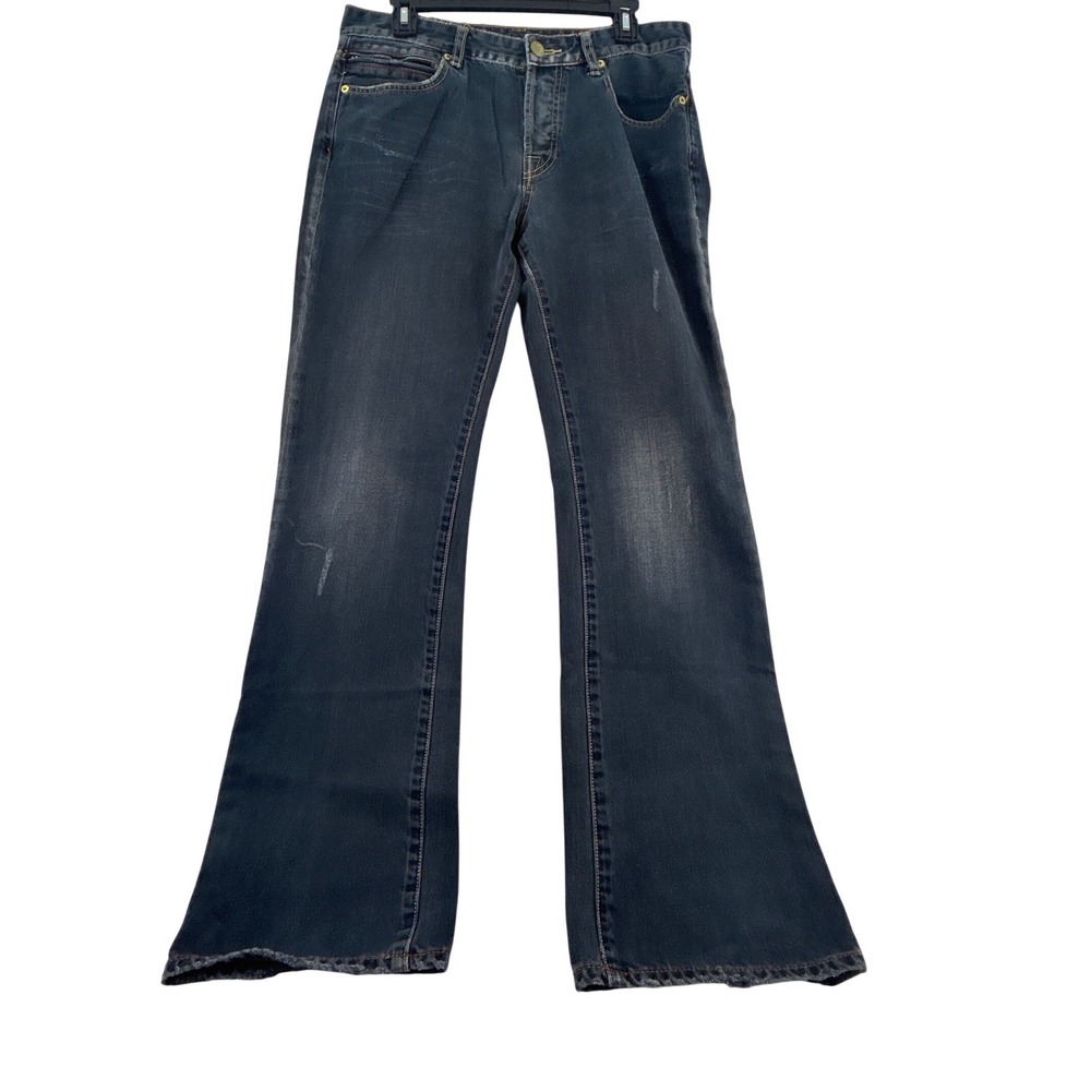 Ed Hardy Vintage Mens Dark Wash Distressed Flare Jeans‎ Button Fly Y2K Blue